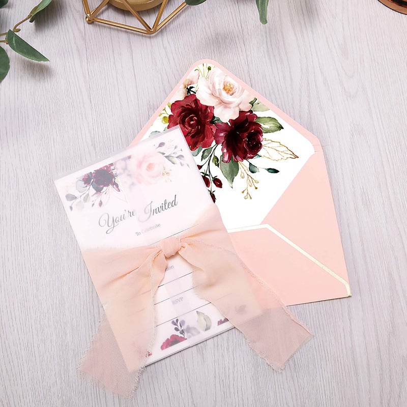DORIS HOME 25PCS Invitations Cards for Bridal Shower Invite/Baby Shower/Wedding/Rehearsal (25PCS Pink Burgundy Flower Fill-in) - Image 4